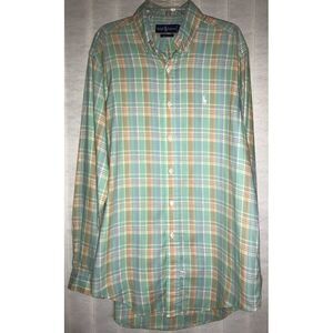 Ralph Lauren Men's LS Button Up Shirt Green Peach Plaid Cotton Medium Flesh Pony